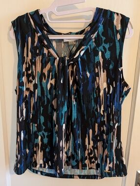 Calvin Klein Teal Black Multicolor Tie-Neck Sleeveless Top